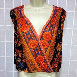 FREE PEOPLE Gypsy Boho Tribal Multi Printed Sexy Drapery Wrap Sleeveless Top XS